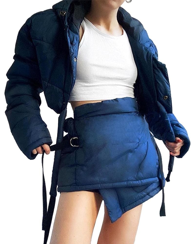 Women's Stylish Quilted Jacket 2 Piece Outfit Zip Up Hooded Short Down Crop Coat Lace Up Bandage Puffer Skort Set Blue $29.67...