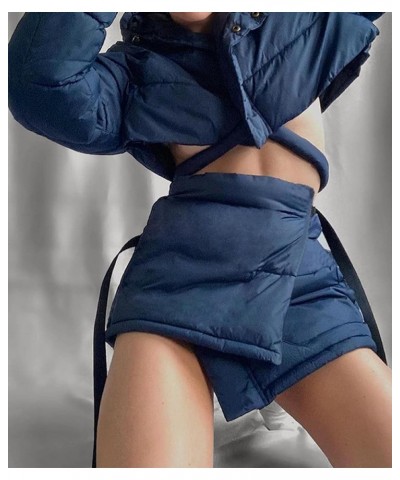 Women's Stylish Quilted Jacket 2 Piece Outfit Zip Up Hooded Short Down Crop Coat Lace Up Bandage Puffer Skort Set Blue $29.67...