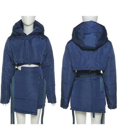 Women's Stylish Quilted Jacket 2 Piece Outfit Zip Up Hooded Short Down Crop Coat Lace Up Bandage Puffer Skort Set Blue $29.67...