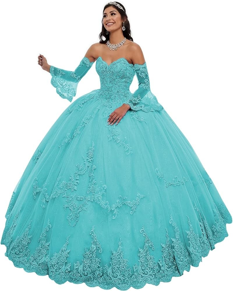 Long Sleeve Quinceanera Dresses Puffy Tulle Ball Gown Prom Dress Sweet 15 16 Dresses Turquoise $63.00 Dresses