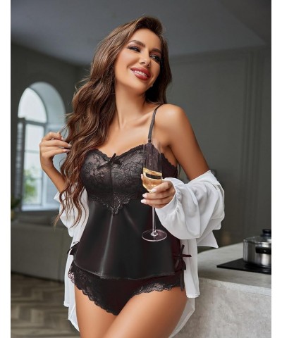 Sexy Pajama Set for Women Lace Cami and Shorts Two Piece Satin Lingerie Black (Go Up a Size) $11.04 Sleep & Lounge