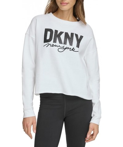 Women's Performance Raw Edge Glitter Script Logo Cropped White $15.66 Activewear