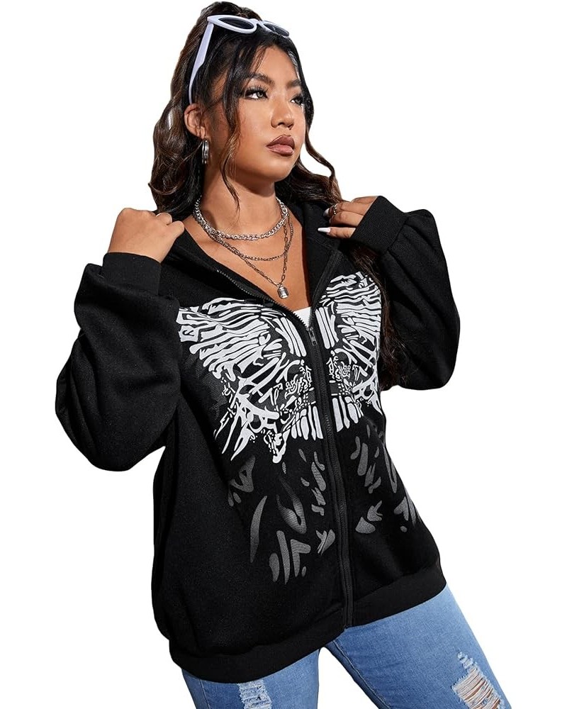 Women's Plus Size Butterfly Print Zip Up Drop Shoulder Hoodie Sweatshirt Black $18.90 Hoodies & Sweatshirts