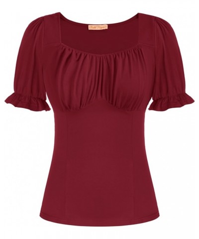 Women Vintage Ruched Tops Square Neck Puff Short Sleeve Cotton Shirt Burgundy $15.30 Blouses