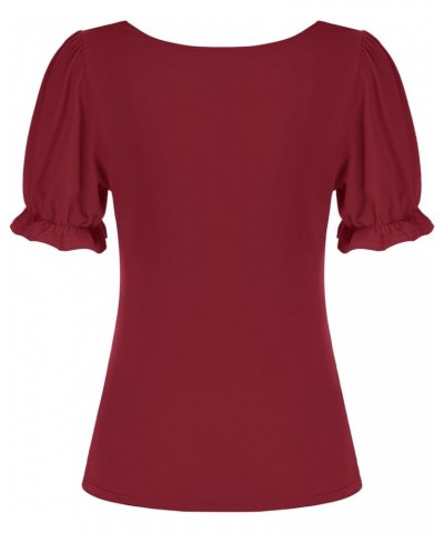 Women Vintage Ruched Tops Square Neck Puff Short Sleeve Cotton Shirt Burgundy $15.30 Blouses