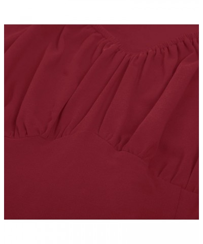 Women Vintage Ruched Tops Square Neck Puff Short Sleeve Cotton Shirt Burgundy $15.30 Blouses