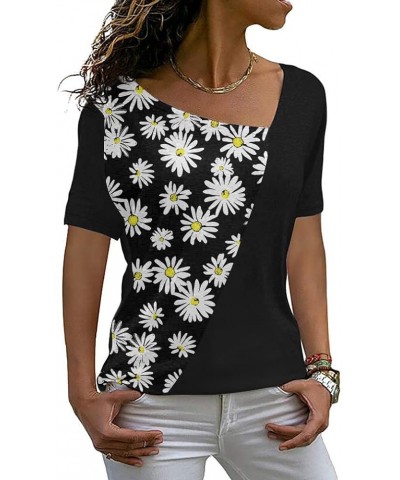 Womens Summer Tops Short Sleeve Casual Shirts Asymmetric Neck Color Block Tunic 2- Black Daisy $8.24 Tops