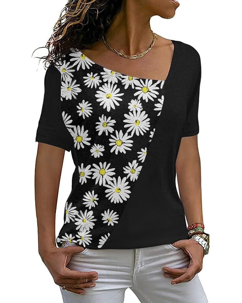 Womens Summer Tops Short Sleeve Casual Shirts Asymmetric Neck Color Block Tunic 2- Black Daisy $8.24 Tops