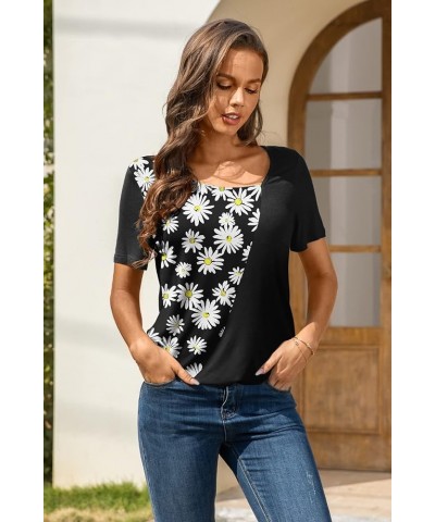 Womens Summer Tops Short Sleeve Casual Shirts Asymmetric Neck Color Block Tunic 2- Black Daisy $8.24 Tops