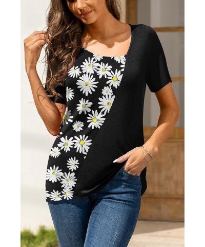 Womens Summer Tops Short Sleeve Casual Shirts Asymmetric Neck Color Block Tunic 2- Black Daisy $8.24 Tops