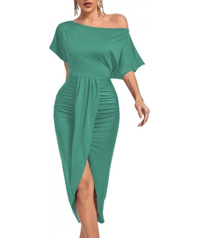 Women's One Off The Shoulder Ruched Wrap Front Split Hem Draped Party Midi Dress Turquoise $24.93 Dresses