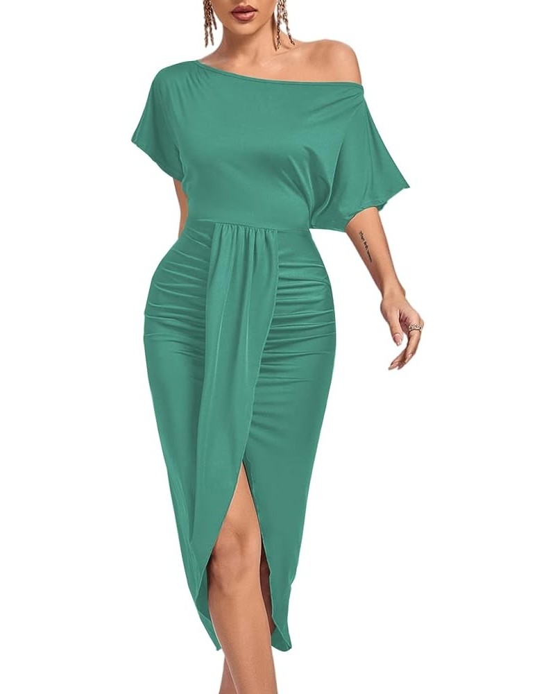 Women's One Off The Shoulder Ruched Wrap Front Split Hem Draped Party Midi Dress Turquoise $24.93 Dresses