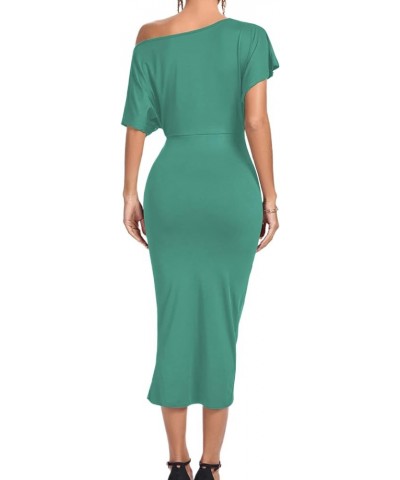 Women's One Off The Shoulder Ruched Wrap Front Split Hem Draped Party Midi Dress Turquoise $24.93 Dresses