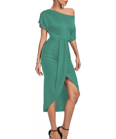 Women's One Off The Shoulder Ruched Wrap Front Split Hem Draped Party Midi Dress Turquoise $24.93 Dresses