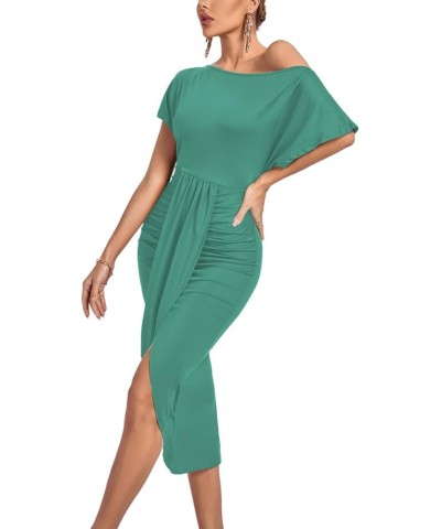 Women's One Off The Shoulder Ruched Wrap Front Split Hem Draped Party Midi Dress Turquoise $24.93 Dresses