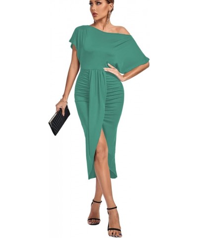 Women's One Off The Shoulder Ruched Wrap Front Split Hem Draped Party Midi Dress Turquoise $24.93 Dresses