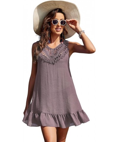 Women Sexy Coverups Crochet V-Neck Swimwear Sleeveless Pleated Hem Bikini Beach Sun Dress Mauve Mist $14.74 Swimsuits