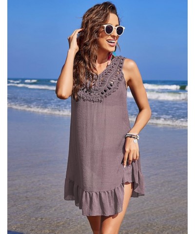 Women Sexy Coverups Crochet V-Neck Swimwear Sleeveless Pleated Hem Bikini Beach Sun Dress Mauve Mist $14.74 Swimsuits