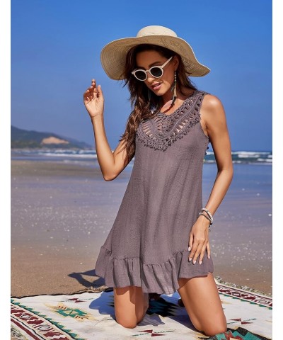 Women Sexy Coverups Crochet V-Neck Swimwear Sleeveless Pleated Hem Bikini Beach Sun Dress Mauve Mist $14.74 Swimsuits