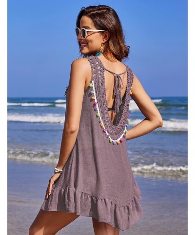 Women Sexy Coverups Crochet V-Neck Swimwear Sleeveless Pleated Hem Bikini Beach Sun Dress Mauve Mist $14.74 Swimsuits