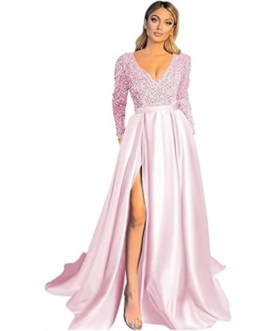 Prom Dresses Sequin V-Neck Long Sleeve Satin Floor-Length Formal Evening Party Gowns with Slit Pink $40.80 Dresses