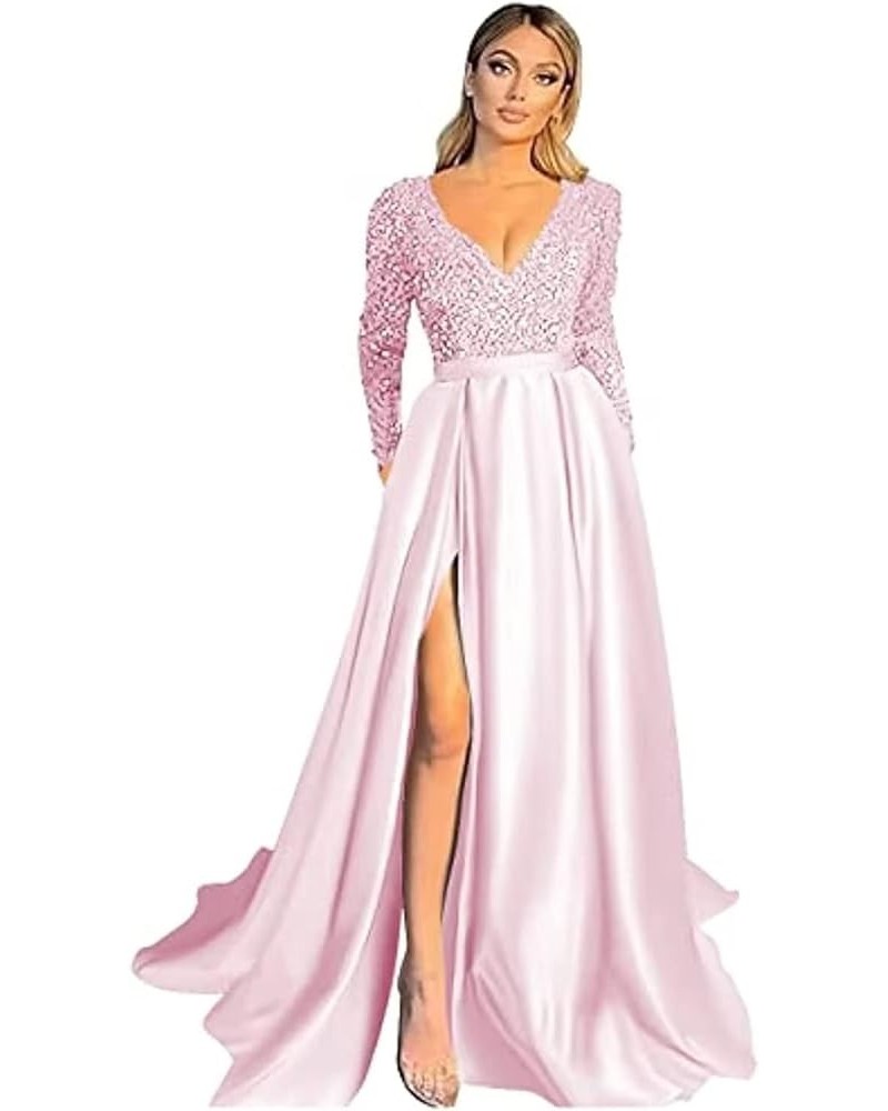 Prom Dresses Sequin V-Neck Long Sleeve Satin Floor-Length Formal Evening Party Gowns with Slit Pink $40.80 Dresses