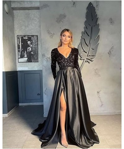 Prom Dresses Sequin V-Neck Long Sleeve Satin Floor-Length Formal Evening Party Gowns with Slit Pink $40.80 Dresses