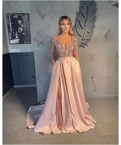 Prom Dresses Sequin V-Neck Long Sleeve Satin Floor-Length Formal Evening Party Gowns with Slit Pink $40.80 Dresses