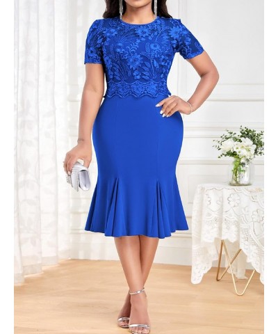 Women's Plus Size Mermaid Bodycon Cocktail Dress Lace Short Sleeve Pencil Dress Royal Blue $13.35 Dresses