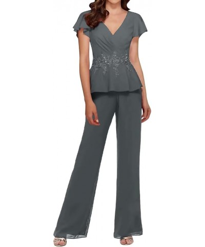 Lace Chiffon Mother of The Bride Pant Suits for Wedding with Sleeve Peplum Formal Pant Set for Women Steel Grey $36.39 Suits