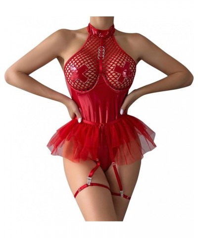 Pu Leather Bodysuit Lingerie for Women Sex Naughty Roleplay Sexy V Neck Babydoll with Garter Leotard One Piece Teddy Z05-red ...