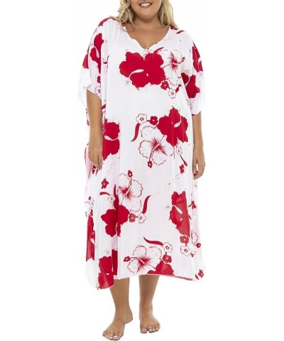 Womens Plus Size Swimwear Cover Up Long Floral Hibiscus Beach Kaftan with Sequins Rayon Red $26.97 Swimsuits