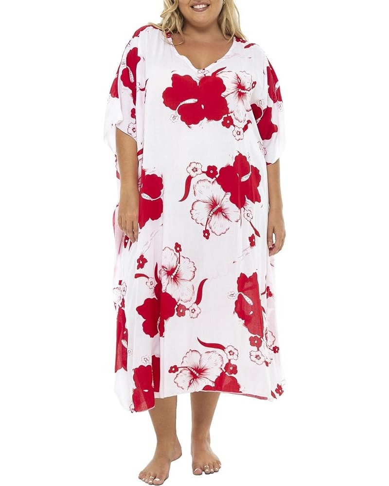 Womens Plus Size Swimwear Cover Up Long Floral Hibiscus Beach Kaftan with Sequins Rayon Red $26.97 Swimsuits