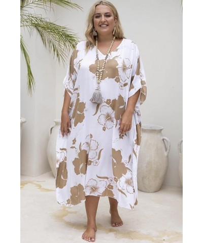 Womens Plus Size Swimwear Cover Up Long Floral Hibiscus Beach Kaftan with Sequins Rayon Red $26.97 Swimsuits