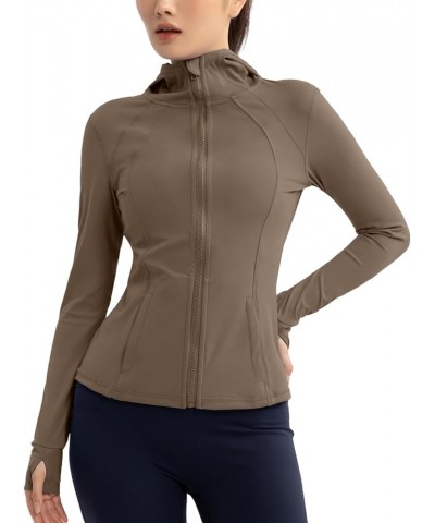 Athletic Jackets For Women Zip Up Workout Jacket With Pockets Women's Yoga Jackets Slim Fit With Thumb Holes Khaki-hooded $11...