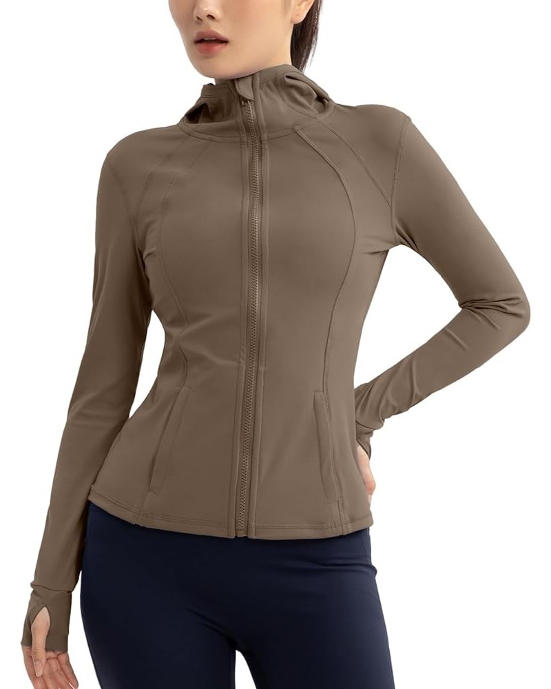 Athletic Jackets For Women Zip Up Workout Jacket With Pockets Women's Yoga Jackets Slim Fit With Thumb Holes Khaki-hooded $11...