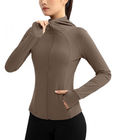 Athletic Jackets For Women Zip Up Workout Jacket With Pockets Women's Yoga Jackets Slim Fit With Thumb Holes Khaki-hooded $11...