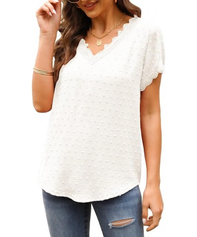 Summer Tops for Women Short Sleeve Lace Chiffon Blouses Loose fit White $14.27 Blouses