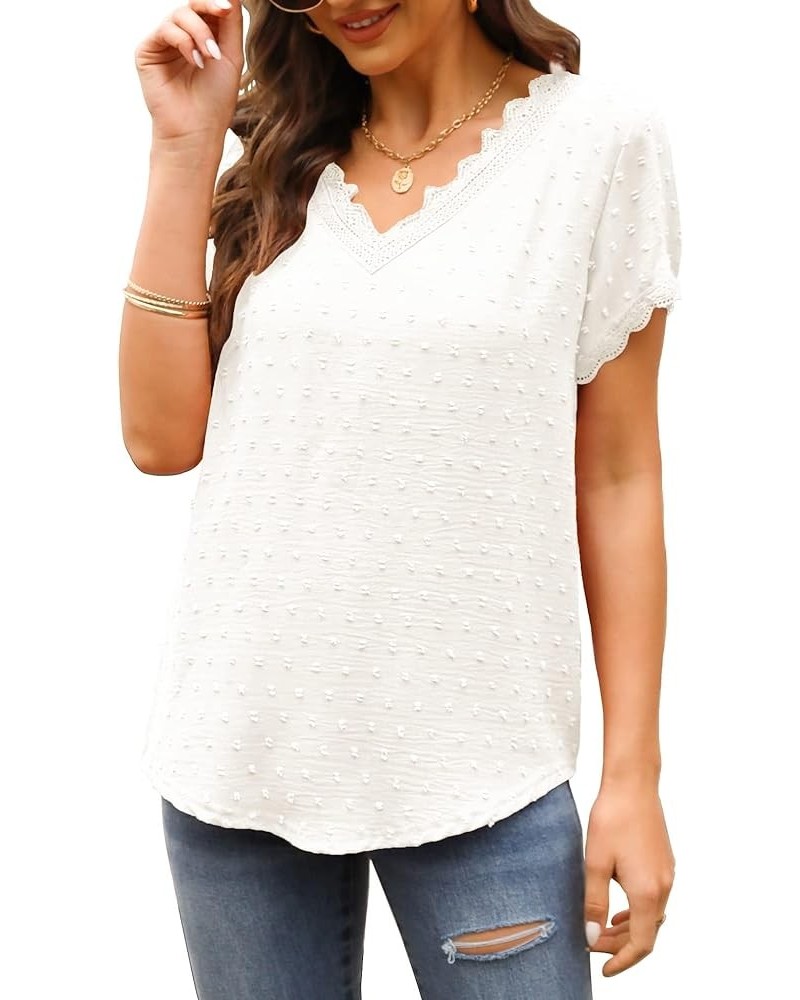 Summer Tops for Women Short Sleeve Lace Chiffon Blouses Loose fit White $14.27 Blouses