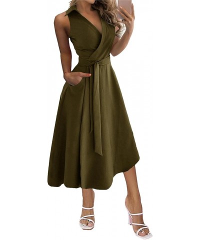 Women's V Neck Sleeveless Tie Waist Flare A-line Midi Dress with Pockets Solid Army Green $16.34 Dresses