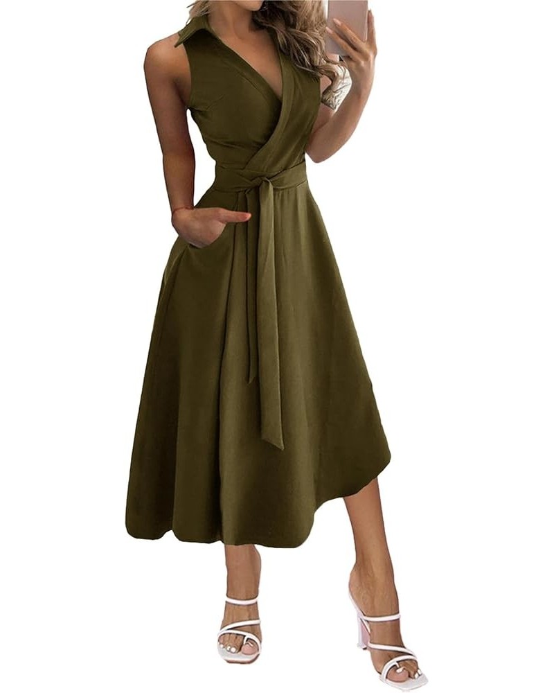 Women's V Neck Sleeveless Tie Waist Flare A-line Midi Dress with Pockets Solid Army Green $16.34 Dresses