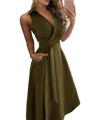 Women's V Neck Sleeveless Tie Waist Flare A-line Midi Dress with Pockets Solid Army Green $16.34 Dresses