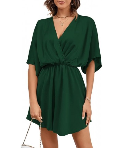 Women's Satin V Neck Twist Ruffle Flowy Swing Short Sleeve Elegant Mini Dress Dark Green $25.79 Dresses