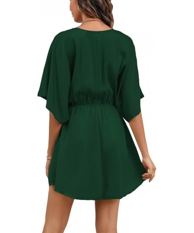 Women's Satin V Neck Twist Ruffle Flowy Swing Short Sleeve Elegant Mini Dress Dark Green $25.79 Dresses