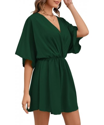 Women's Satin V Neck Twist Ruffle Flowy Swing Short Sleeve Elegant Mini Dress Dark Green $25.79 Dresses