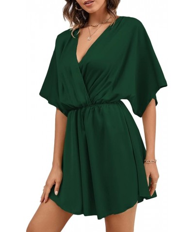 Women's Satin V Neck Twist Ruffle Flowy Swing Short Sleeve Elegant Mini Dress Dark Green $25.79 Dresses