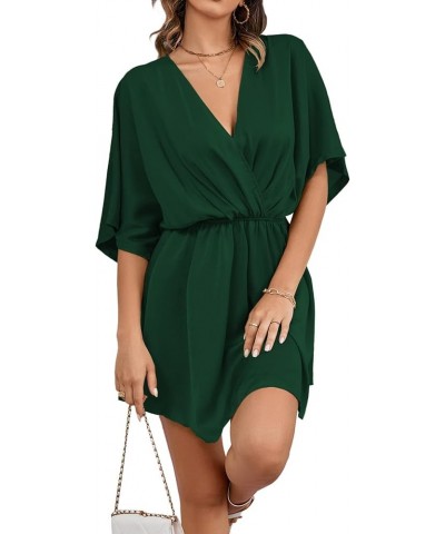 Women's Satin V Neck Twist Ruffle Flowy Swing Short Sleeve Elegant Mini Dress Dark Green $25.79 Dresses