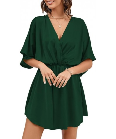 Women's Satin V Neck Twist Ruffle Flowy Swing Short Sleeve Elegant Mini Dress Dark Green $25.79 Dresses