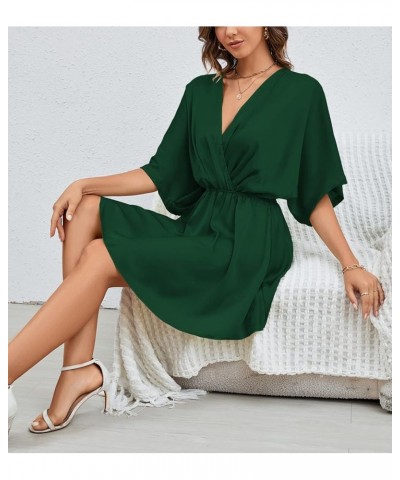 Women's Satin V Neck Twist Ruffle Flowy Swing Short Sleeve Elegant Mini Dress Dark Green $25.79 Dresses