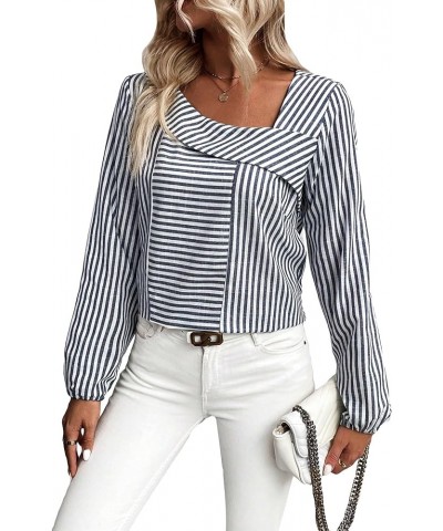 Women's Asymmetrical Neck Striped Print Long Sleeve Office Blouse Top Blue and White $19.59 Blouses